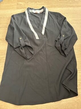 Black V-Neck Roll-Sleeve Blouse with Contrast Trim